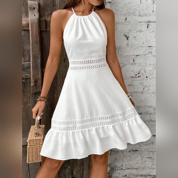 Women's Patchwork Lace Back Hollow Knotted Dress - Picture 2 of 6